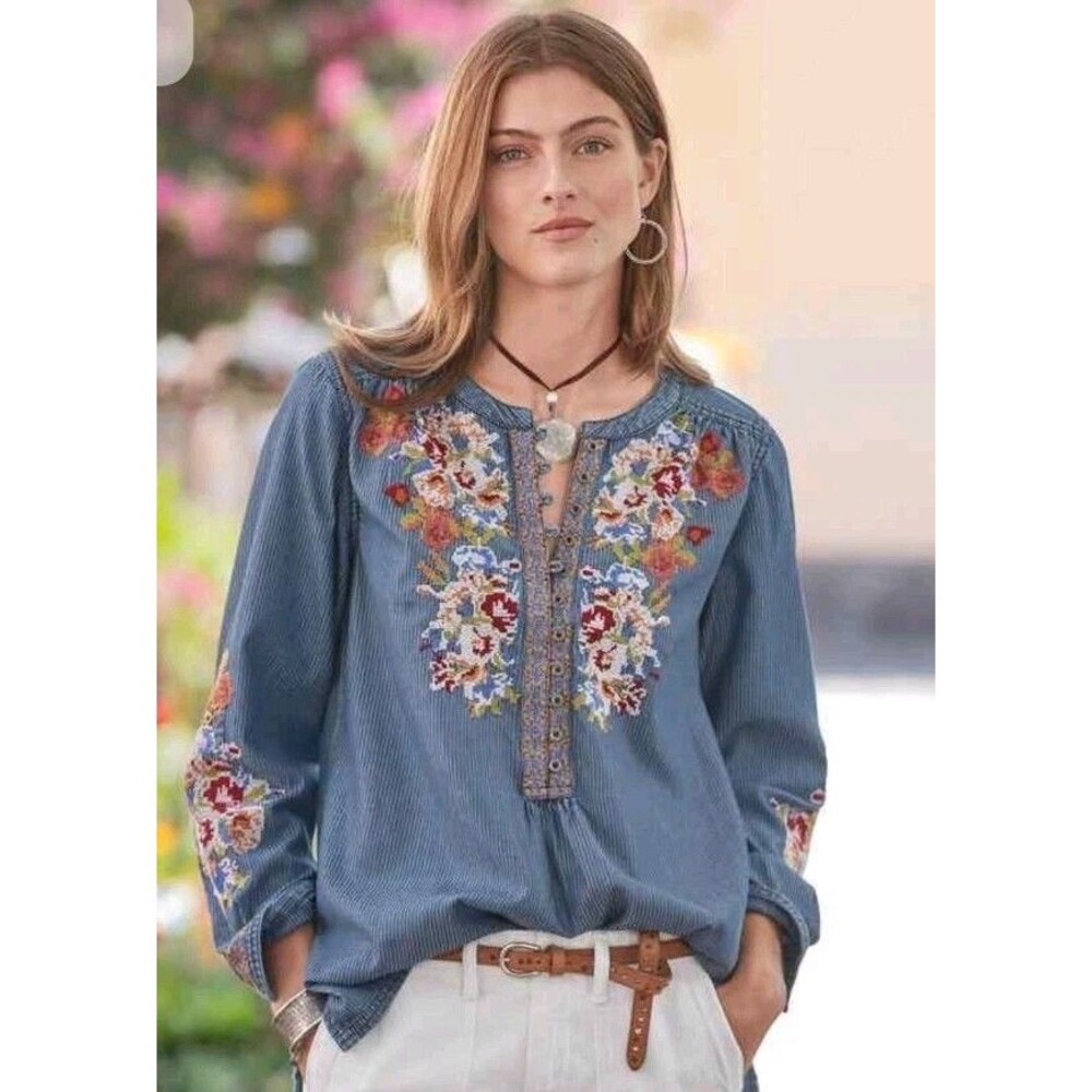 Sundance Kenza Floral Embroidered Top Tunic Blue Striped Cotton Denim Boho Small